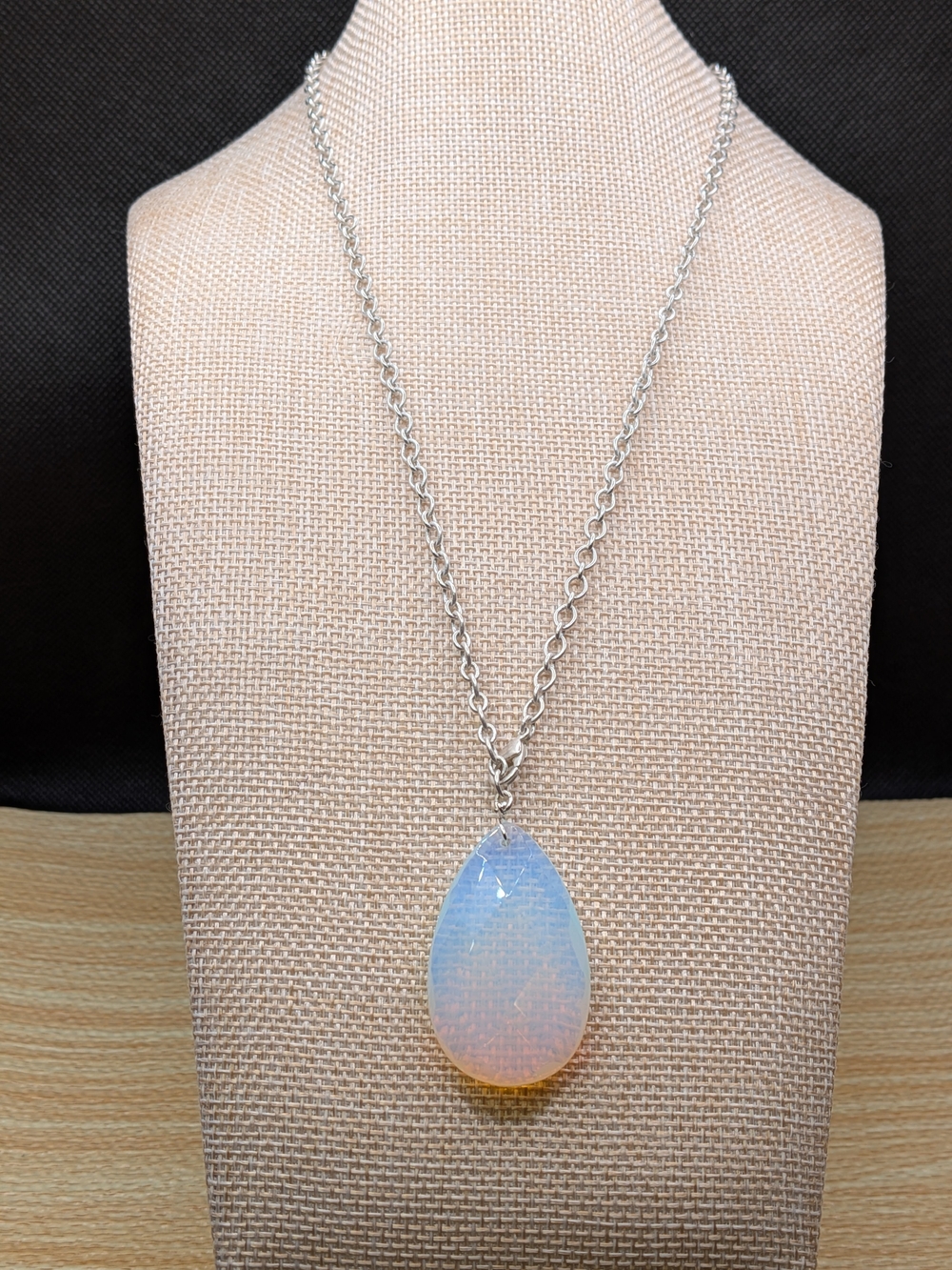 Luminous Opalite Teardrop Pendant  Necklace - Silver